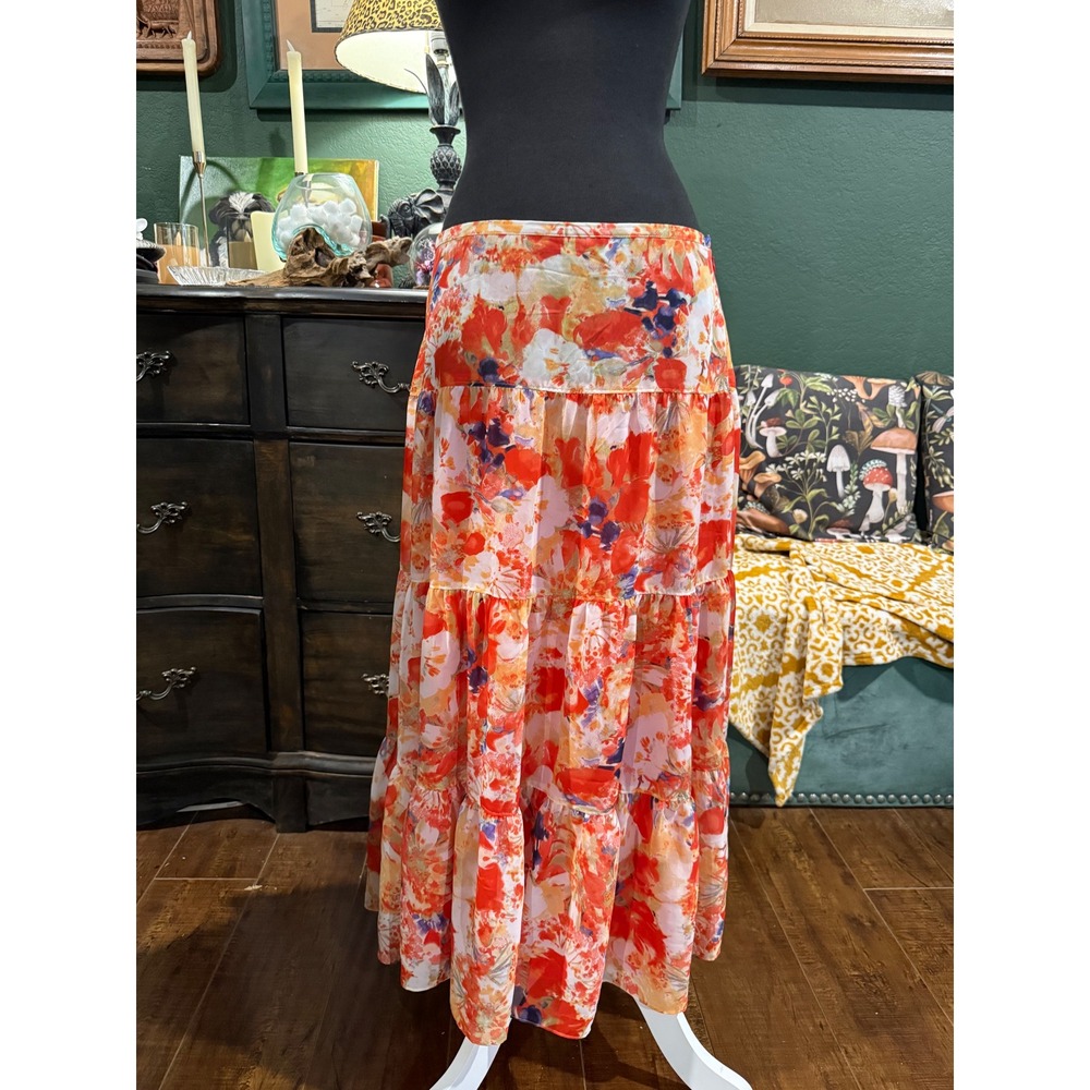 Jones Wear Floral Tiered Maxi Skirt Orange Red Boho Summer Size 10